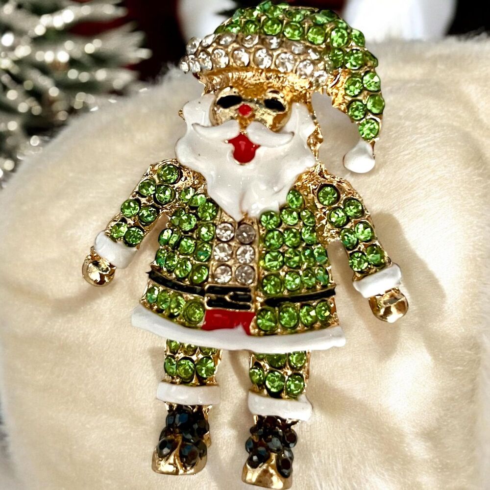 Sparkly Santa Claus Brooch Pin Necklace Pendant, Gold Plated Enamel GREEN